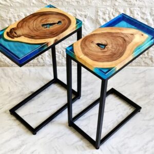 Wooden Side Table With Resin Art & Aluminum Stand (30.48x30.48x2.54)